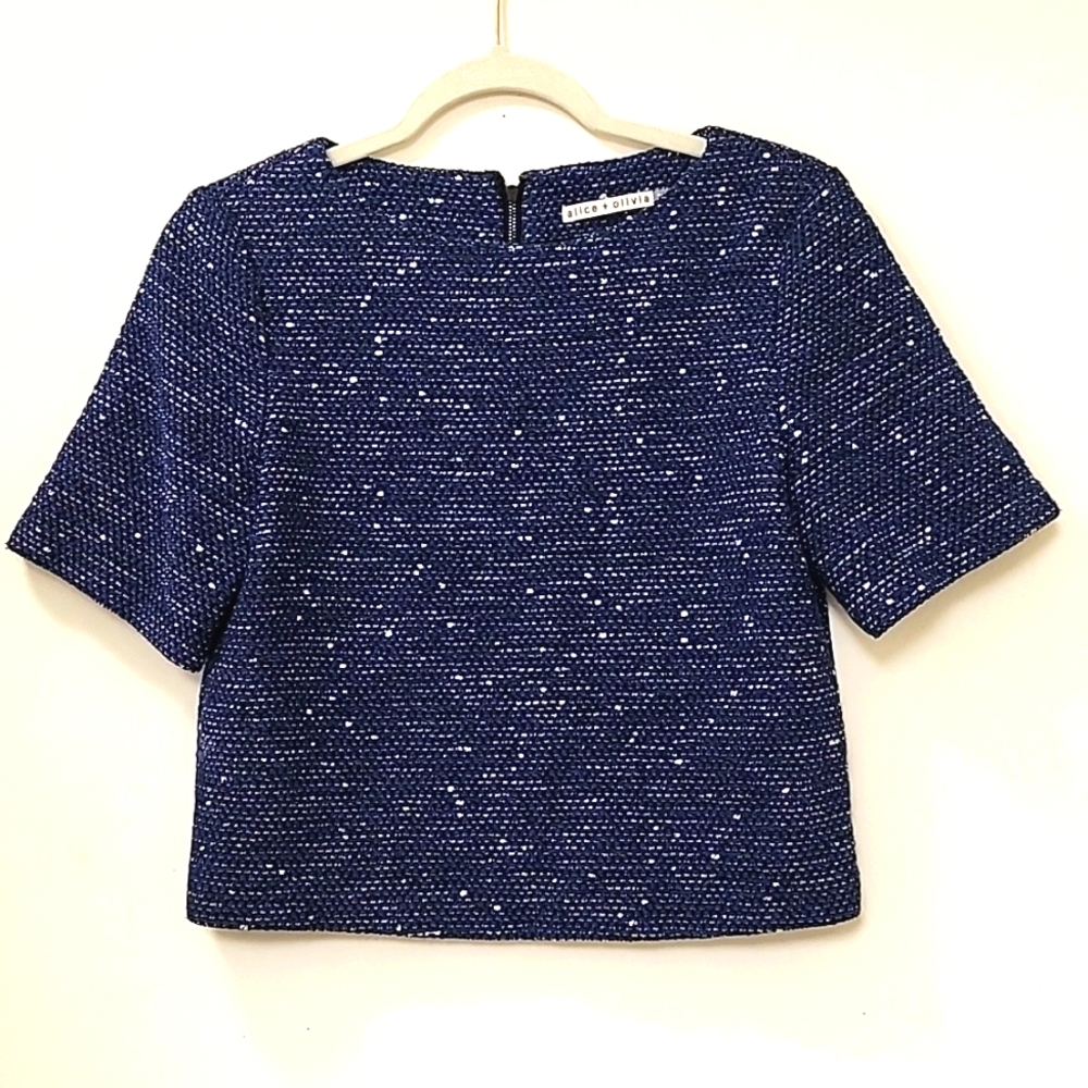 Alice + Olivia Blue Silver Knit Sweater Crop Top Size 6 - Picture 1 of 16